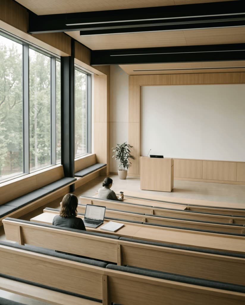 A quiet, modern Canadian university lecture hall with pale oak tiered seating, two students at work, and soft daylight from a floor-to-ceiling window onto trees